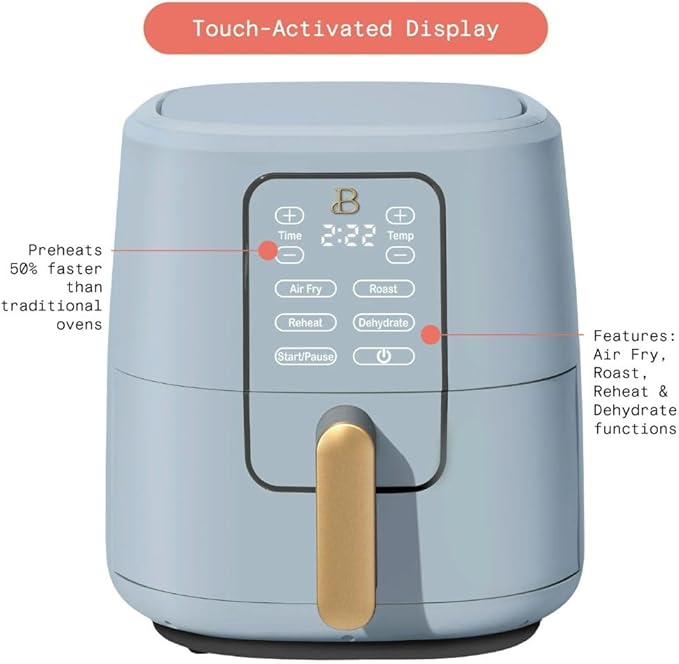 Beautiful by Drew Barrymore 6-Quart Digital Air Fryer, TurboCrisp Technology, Touch-Activated Display, 1750W, 90–400°F, Dishwasher-Safe Basket (CORNFLOWER BLUE)