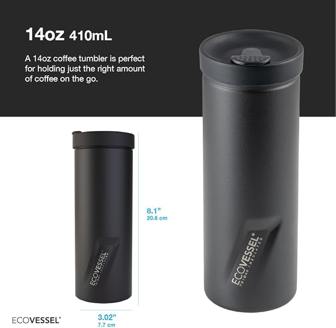 EcoVessel Travel French Press, Portable Coffee Maker, Stainless Steel Insulated Coffee Press, Reusable Single Serve Bottle for On-The-Go Use, 14oz (Black)