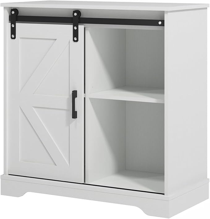 Panana Sliding Barn Door Buffet Sideboard Storage Cabinet Coffee Bar Kitchen Farmhouse Style (White)