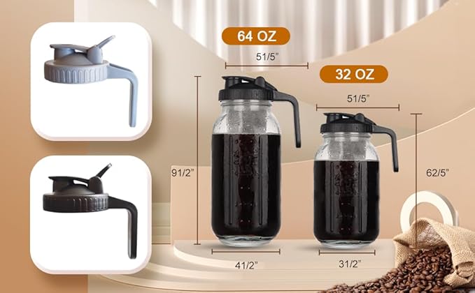 Cold Brew Coffee Maker, 2 Packs 64oz Mason Jar Pitcher with Durabel Glass & Stainless Steel Mesh Filter, Leak-Proof Glass Pither with Pour Spout Lid