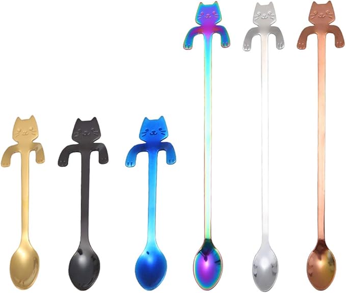 6 PCS Cat Spoon Coffee Tea spoon Set, ESRISE Stainless Steel Mini Long Cute Kitten Stirring Teaspoons for Dessert Drink Mixing Milkshake (Multi)