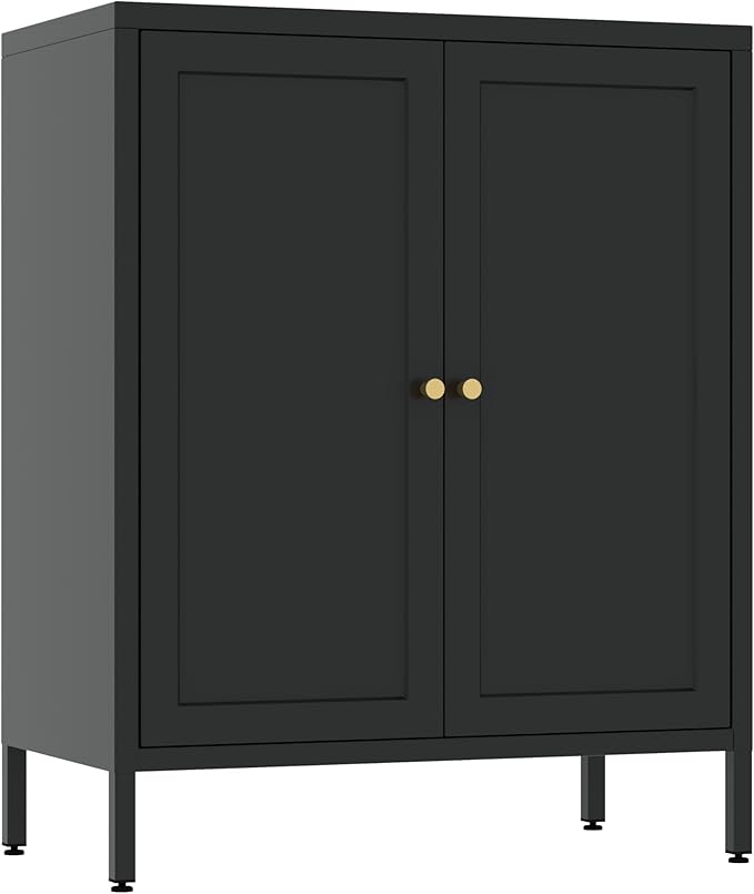 Small 2 Transparent Door Metal Storage Side Buffet Cabinet for Bed Room,Living Room,Entryway,Hallway,Home,Hotel,Office,Garage,Kitchen,1 Removable Shelf. (Square Door, Black)