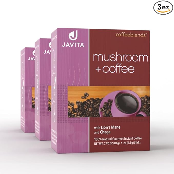 Mushroom + Coffee, Javita Immune & Defend Blend of Chaga, Lion's Mane and Dark Roast Robusta Coffee for Morning Boost, Wellness Support, Smooth, Convenient Coffee Mix (3 box/72 serv)