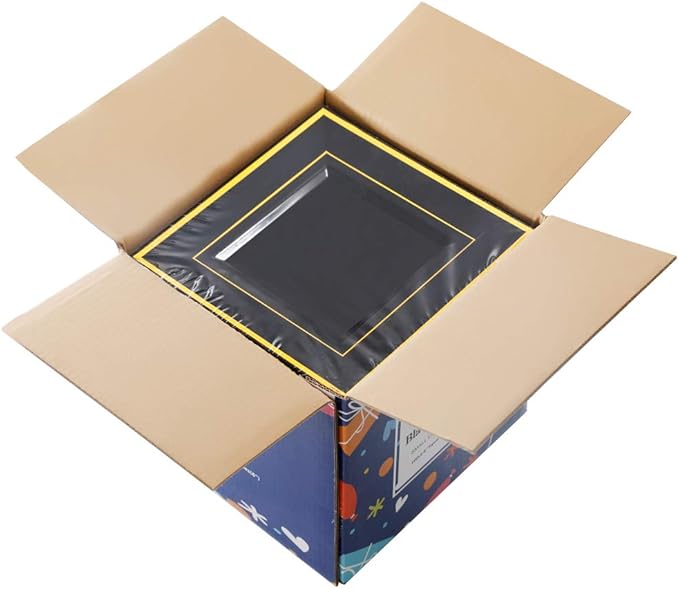 bUCLA 100PCS Black Square Plastic Plates with Gold Rim - 6 inch Disposable Dessert/Appetizer/Small Cake Plates for Party, Graduation & New Year