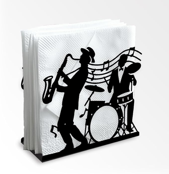 Jazz Live Performance Decorative Black Metal Napkin Holder for Table, 5.3" x 4.9" x 1.9" Sheet Music Standing Napkin Holder for Home Kitchen Restaurant Picnic Party Coffee Bar Dining Room