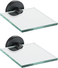 JQK Small Floating Glass Shelves Black, 4 Inch Display Ledges for Wall, Mini Decor, Living Room Bedroom Bathroom, Tempered Glass Shower Storage, 2 Pack, TGS101L4-PB-P2
