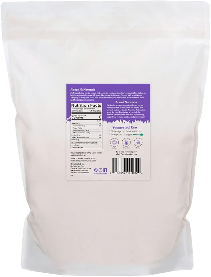 NuNaturals White Stevia Powder Blend, Plant-Based Sugar Substitute, Zero Calorie Sweetener, 5 lbs