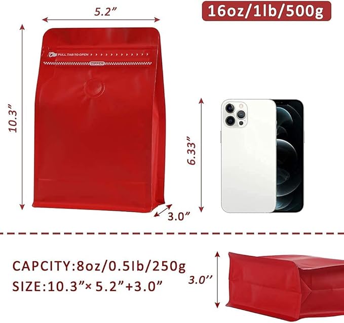 REMTAP Coffee Bags with Valve(100pcs,16oz) Red High Barrier Aluminumed Foil Flat Bottom Standing Coffee Beans Storage Bags,Reusable Heat Sealable Side Zipper Pouches for Home or Store