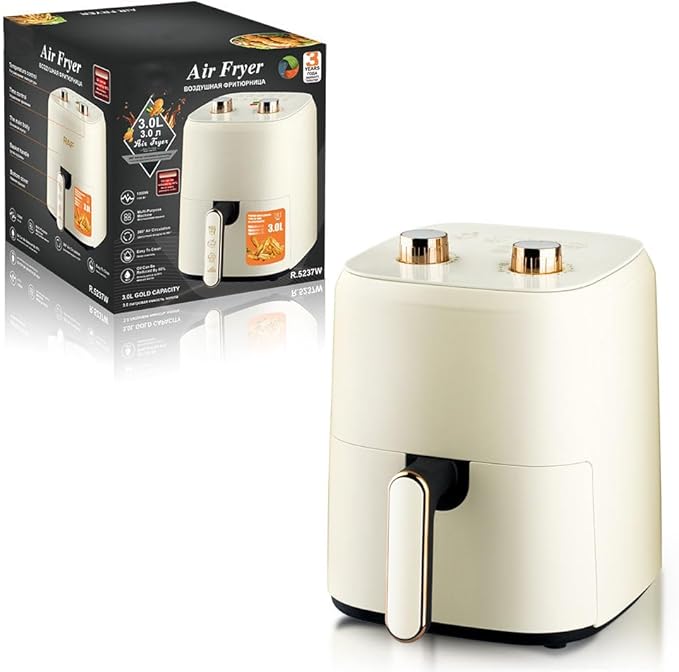 3.0L Air Fryer Oven, Push Button Control, Single Basket, 1300W Multi-Purpose Electric Appliance, White with Gold Accents