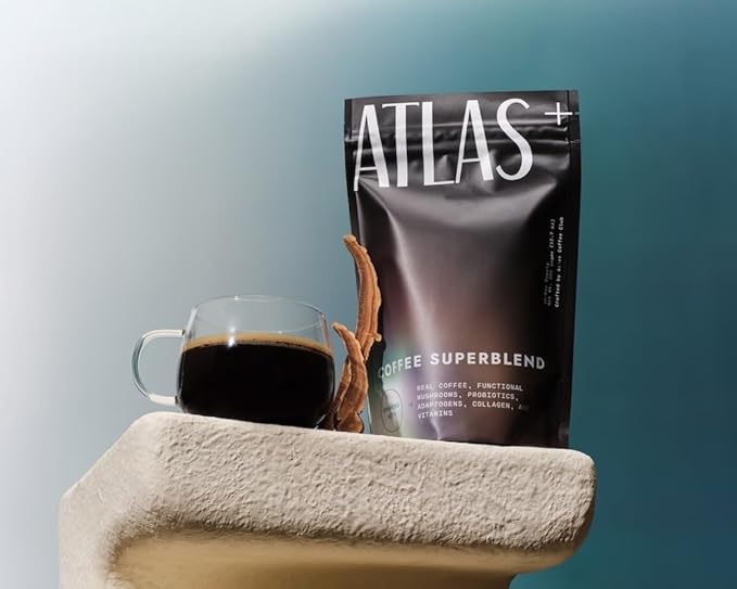 Atlas+ Coffee Superblend– Premium Mushroom Coffee with Collagen, Probiotics, D3 & B12, Lion’s Mane, Reishi, Cordyceps– for Energy, Focus, Immunity & Gut Health– 56 Servings (2 Bags)
