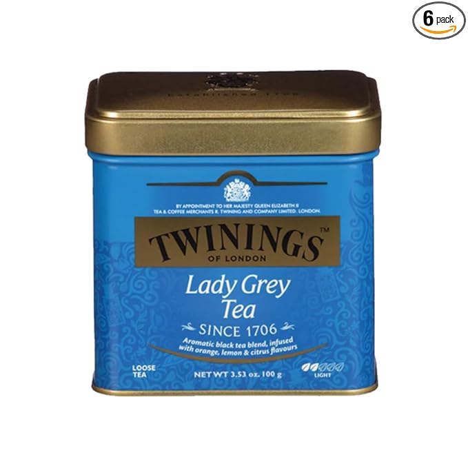 Twinings Lady Grey Loose Black Tea, 3.53 Ounce Tins (Pack of 6), Lemon & Orange Peel, Caffeinated, Enjoy Hot or Iced