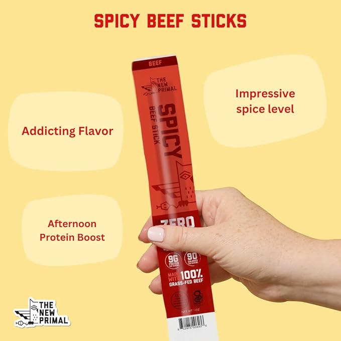 The New Primal Grass-Fed Spicy Beef Sticks, Keto, Gluten Free Healthy Snacks for Adults, Sugar Free Low Carb High Protein Snack, Paleo Whole30 Jerky Stick, 9g Protein, 20 Ct