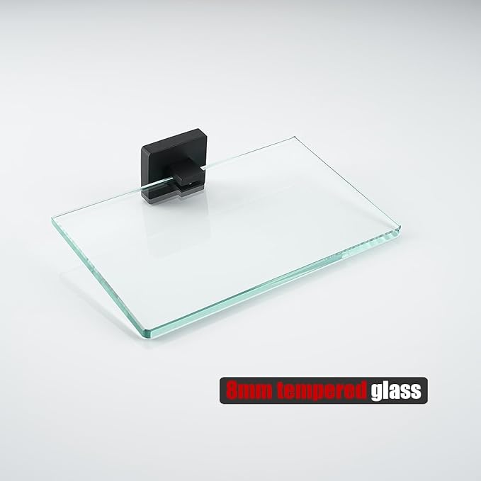 JQK Bathroom Glass Shelf Black, Tempered Glass Shower Storage 8 by 5 inches, 304 Stainless Steel Matte Black Wall Mount, TGS201L8-PB