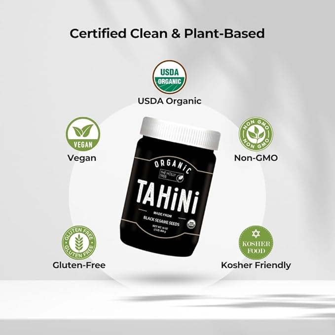 Organic Black Tahini Paste 16 oz (1lb) - Black Sesame Paste - USDA Certified, Kosher, Gluten Free Tahini Sauce - Creamy Tahini Organic with Hulled Sesame Seeds for Dressigns, Dips, Spreads & Hummus - The Holly Tree