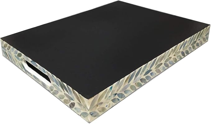 I-LAN Creative Rectangular Mother of Pearl Shell Severing Tray Lacquer Wooden Decorative Tray Handmade Shell Serving Tray with Handles and 2 Inch Wall, 18”Large Green Inlay Nacre Ottoman Tray (45cm)