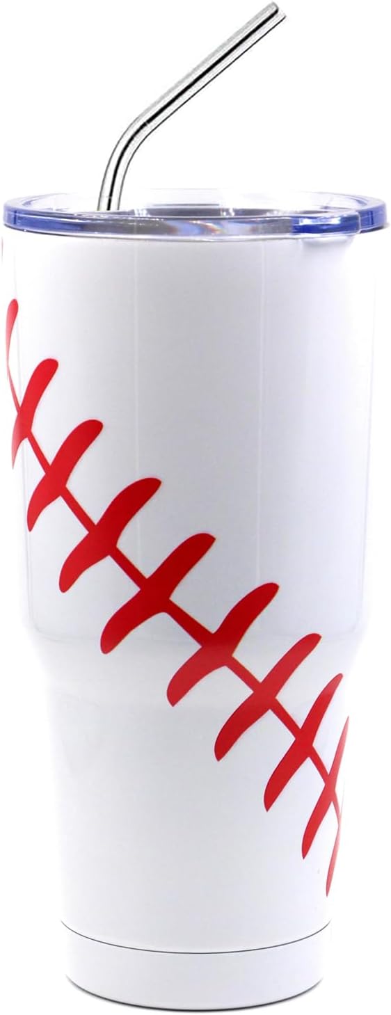 FMYWZS 30 oz Baseball Tumbler, Double Wall Vacuum Insulated Stainless Steel Cup Travel Mug with Lid and Straw, Baseball Accessories Stuff Gifts for Mom Men Boys Girls