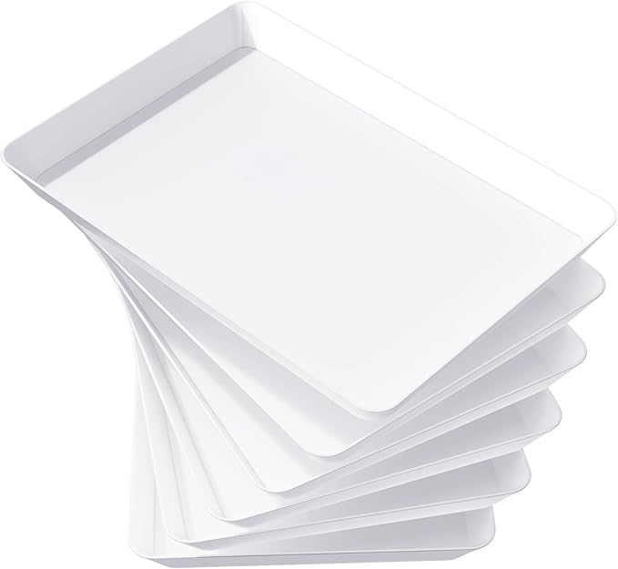 Lifewit Plastic Serving Tray for Party Supplies, 6 Pcs White Trays for Serving Food, Reusable Platter for Buffet, Fruit, Charcuterie, Snack, Rectangle, Holiday Christmas Essentials, BPA Free