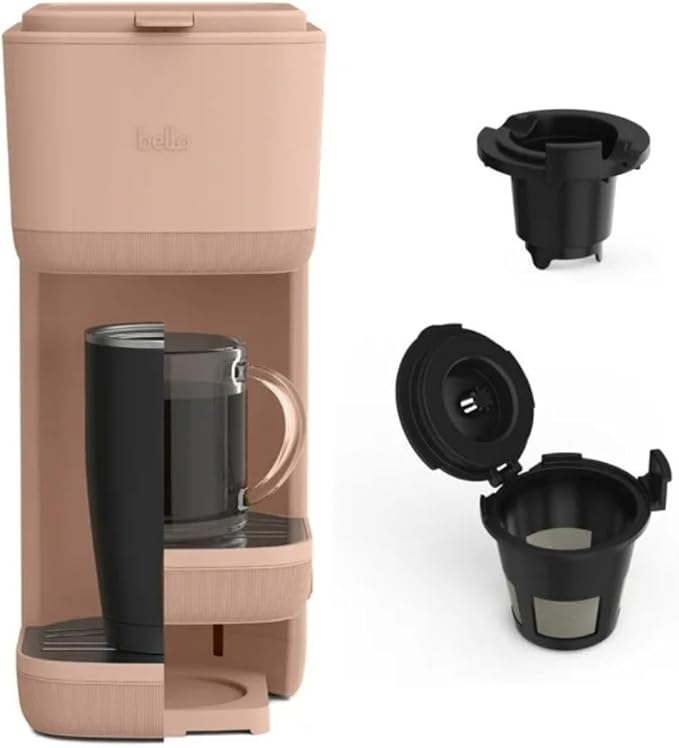 Single-Serve Bella Coffee Maker – Compact 6oz–14oz Brewer for Ground Coffee or Pods, One-Touch Operation, Adjustable Drip Tray, 35oz Water Tank, Travel Mug Friendly, Dishwasher-Safe Parts