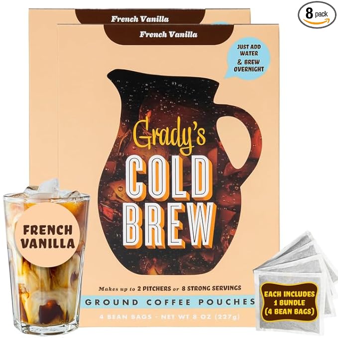 GRADY’S COLD BREW, French Vanilla, 100% Arabica Ground Coffee & Chicory Pouches, TWO Bundles of 4 Easy-to-Brew Bean Bags, Makes 24 drinks