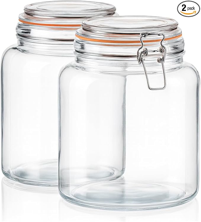 kitchentoolz Half Gallon Glass Large Mason Jars with Airtight Lid - 64oz Wide Mouth Flour & Sugar Container. Also for Sourdough, Pasta, Pickles, Cookies- Flip Top Hinged Closure - 2 Pack