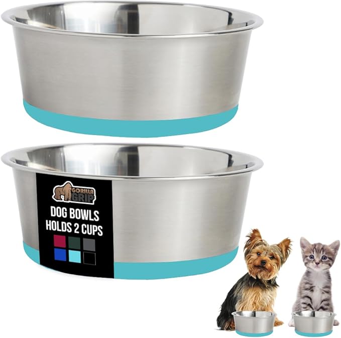 GORILLA GRIP Dog Bowls, Holds 2 Cups Each (16 fl oz), Heavy Duty Stainless Steel Food and Water Bowl for Feeding Dogs and Cats, Dishwasher Safe, Rust Resistant BPA Free Rubber Base, Set of 2 Turquoise