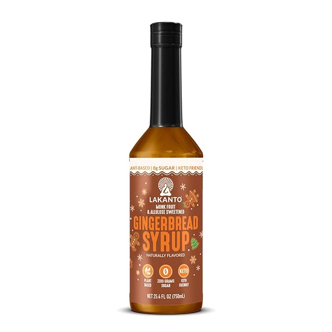 Lakanto Gingerbread Simple Syrup - Perfect for Coffee, Tea, Lattes, Smoothies, Cocktails, Baking & Holiday Drinks, Monk Fruit Sweetener with Allulose Zero Sugar, Keto Diabetic Friendly (25.4 Fl Oz)