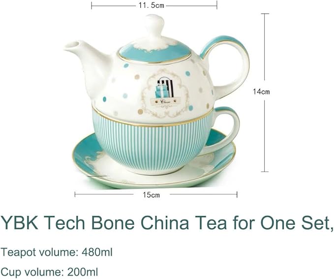 Euro Style Teapot Cup& Saucer Set Art Bone China Ceramic Tea Coffee Cup for Breakfast Home Kitchen (Blue Stripe)