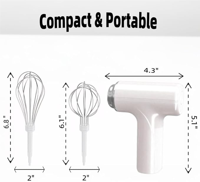 Cordless Hand Mixer, One Touch Off Handheld Electric Whisk with 3 Speed Modes, Hand Held Egg Beater with 2 Detachable Stir Whisks (White）