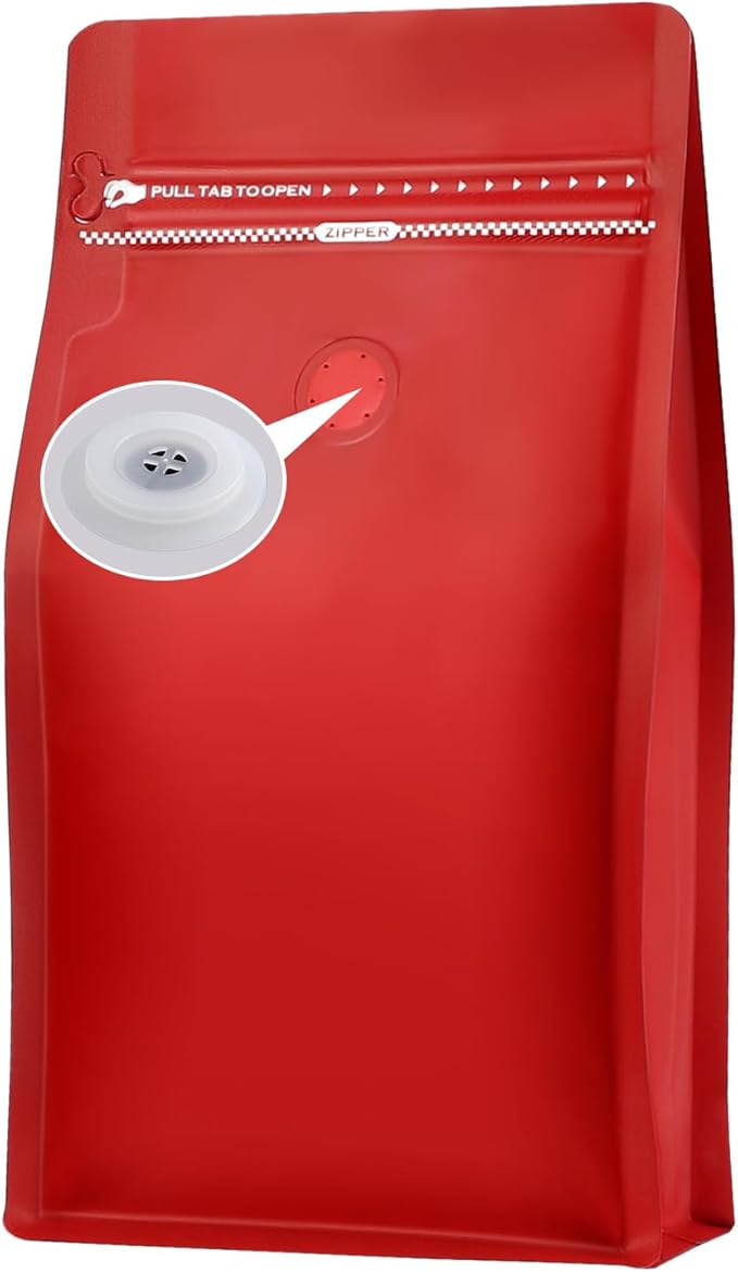 REMTAP Coffee Bags with Valve(50pcs,12oz) Red High Barrier Aluminumed Foil Flat Bottom Standing Coffee Beans Storage Bags,Reusable Heat Sealable Side Zipper Pouches for Home or Store
