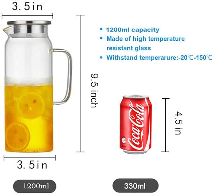 Hwagui - Heat Resistant Glass Pitcher with Stainless Steel Lid, Water Carafe with Handle, Good Beverage Pitcher for Homemade Juice and Iced Tea, 1200ml/41oz