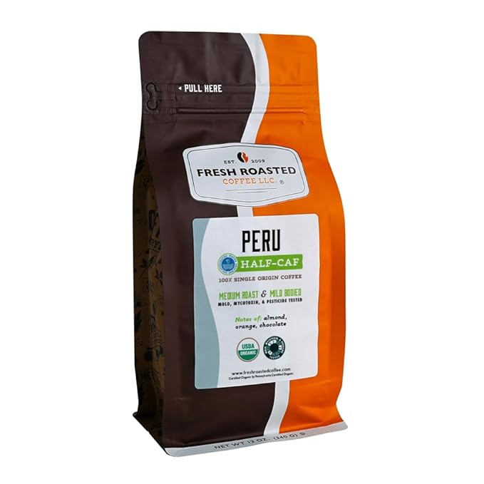 Fresh Roasted Coffee, USDA Organic Peru Water-Processed Half-Caf | 3rd Party Tested for Pesticides, Mold, Mycotoxins, Kosher | 100% Arabica, Specialty Grade, Med Roast 12 oz Whole Bean