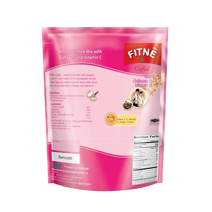 FITNE Instant 3 In 1 Coffee Packets Mix With Natural Hydrolyzed Collagen Vitamin C Smooth Blend Tasty Aromatic No Sugar Sucralose Sweetener, 30 Sachets