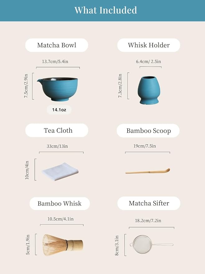 6-pcs Japanese Matcha Whisk Set, Handmade Ceramic Matcha Set with Bowl(Chawan),Bamboo Whisk(Chasen) and Holder, Scoop, Sifter & Tea Towel,Matcha Kit for Ceremony(Clear Sky Blue)