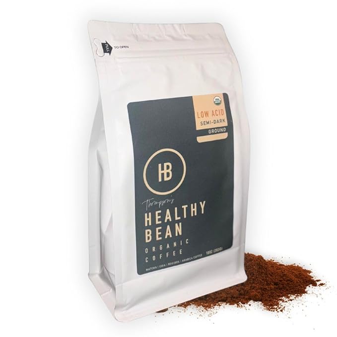 Healthy Bean Organic Low Acid Coffee Ground - USDA Organic Mold-Free, Superfood Infused, Clean and Healthy - Low Acid for Sensitive Stomachs - Semi-Dark Roast Ground Coffee, 10oz (1-Pack)
