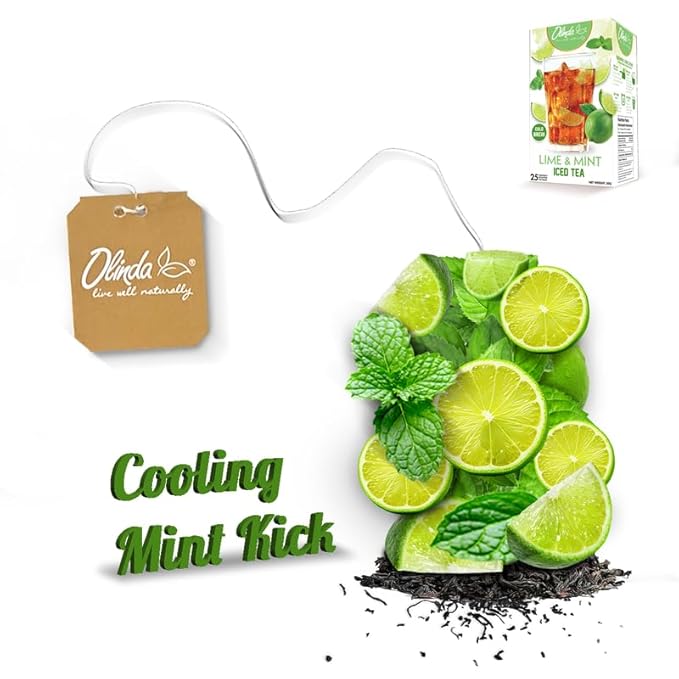 Olinda Lime & Mint Iced Tea Organic Herbal Sugar Free Minty Hot and Cold Brew Naturally Caffeinated Refreshing Peppermint Tea Individually Wrapped 25 Tea Bags Christmas Gift