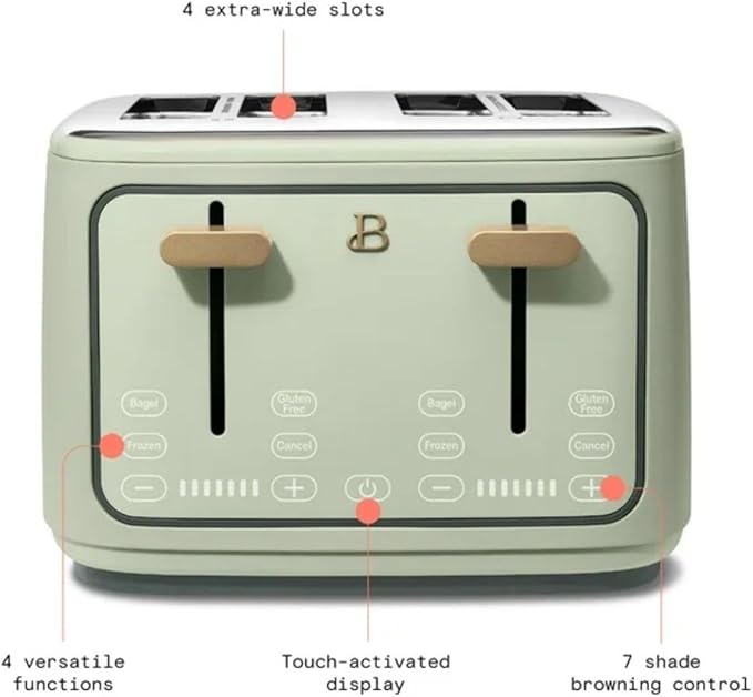 Beautiful 4 Slices Toaster - 7 Shade Settings, Touch Display, Extra-Wide Slots for Bagels, Gluten-Free & Frozen Presets, LED Countdown, Removable Crumb Tray, 1800-watt toasting (Sage Green)