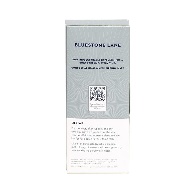 Bluestone Lane Coffee Pods, Single Cup Espresso Capsules, Decaf Colombian Medium Roast, 10 Count (Pack of 1), Compatible with Nespresso Original Brewers