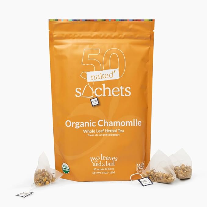 Two Leaves and a Bud Organic Chamomile - 50 Naked Tea Sachets, Naturally Caffeine Free, Whole Leaf Herbal Tea in Eco-Friendly Unwrapped Compostable Sachets, Resealable Bag, 50 Count (Pack of 1)