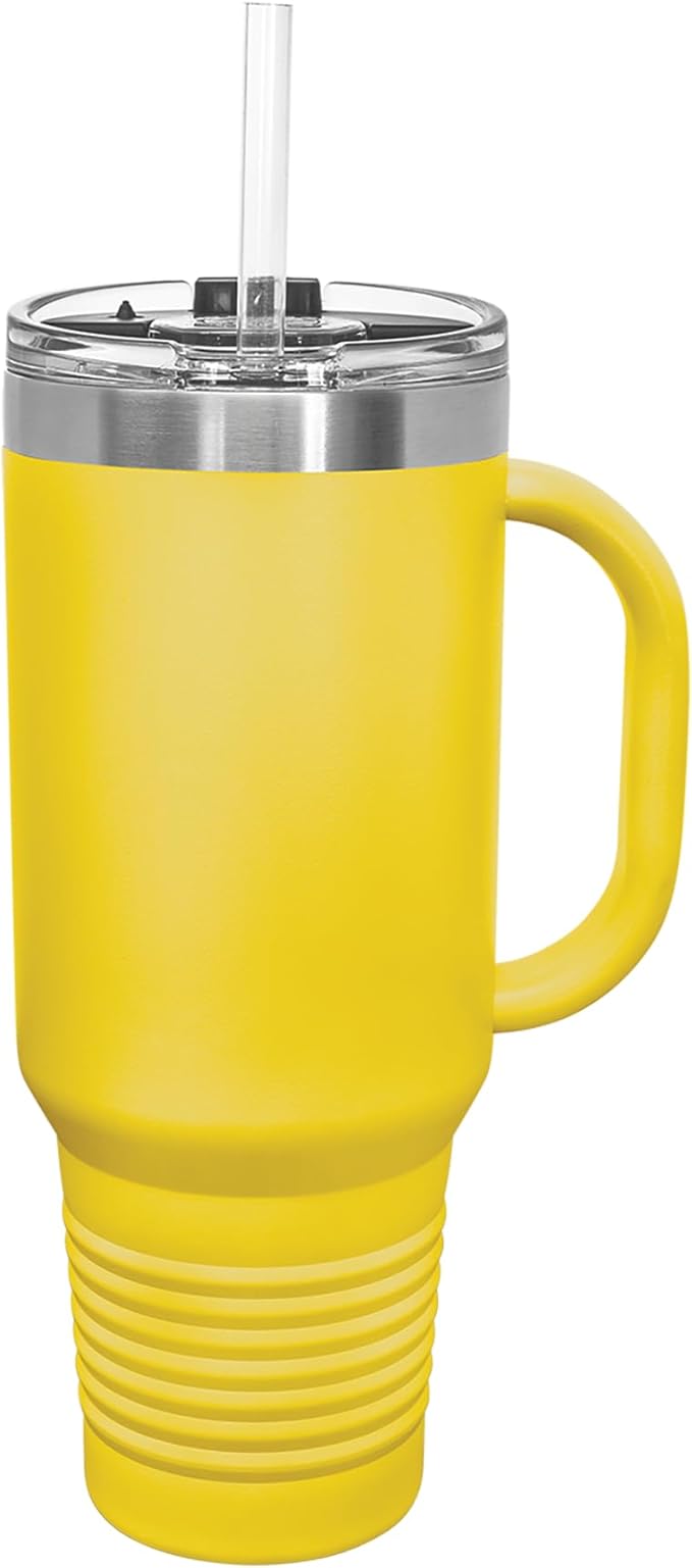 LaserGram 40oz Vacuum Insulated Travel Mug with Handle, Tiki Statue, Personalized Engraving Included (Yellow)