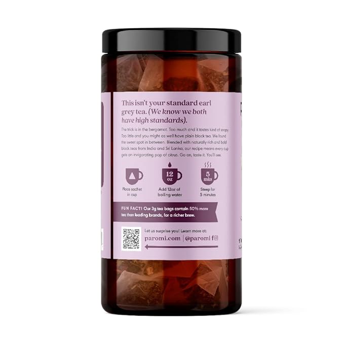 Paromi Earl Grey Organic Black Tea, Signature Jar, 15 Count