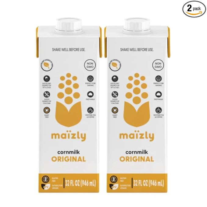 Maizly Original Corn Milk, Plant-Based Drink Made with Non-GMO Ingredients, Less Sugar, Gluten & Dairy-Free Alternative to Whole Milk, Non-Dairy Kosher Drink For Kids & Adults, 32 oz, Shelf Stable Pack of 2
