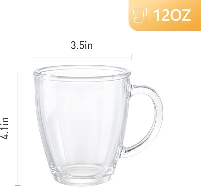 D.M DESIGN·MASTER [6 PACK,12 OZ - Premium Glass Coffee Mugs with Handle. Transparent Tea Glasses for Hot/Cold Beverages, Perfect Design for Americano, Cappuccino, Tea and Beverage.