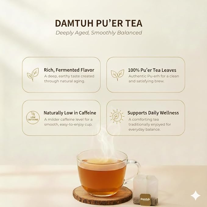 Damtuh Korean Pu-erh Tea – Aged & Smooth Dark Tea, Full-Bodied Earthy Flavor – 50 Tea Bags (0.7g each)
