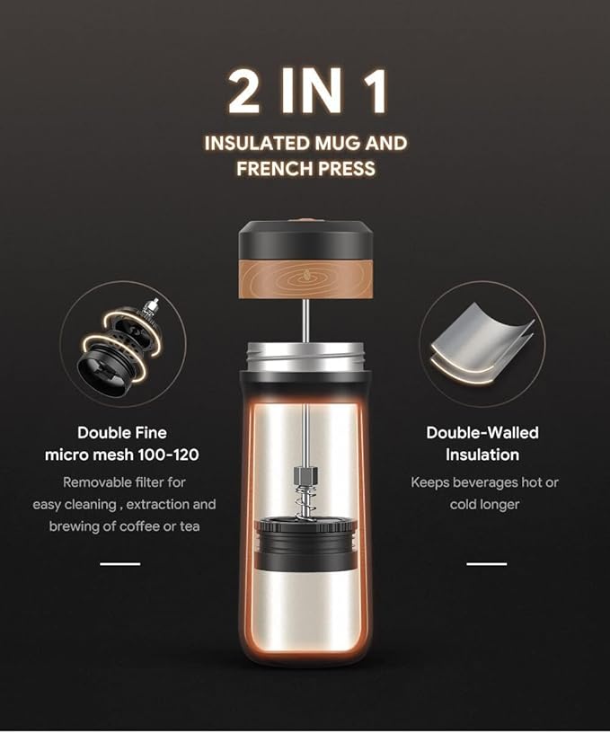 Portable French Press Stainless Steel Coffee Maker Travel French Press Insulated Bottle Cup - 320ml Portable Coffee Maker with Double Wall Insulation, Ideal for On - the - go Coffee Lovers