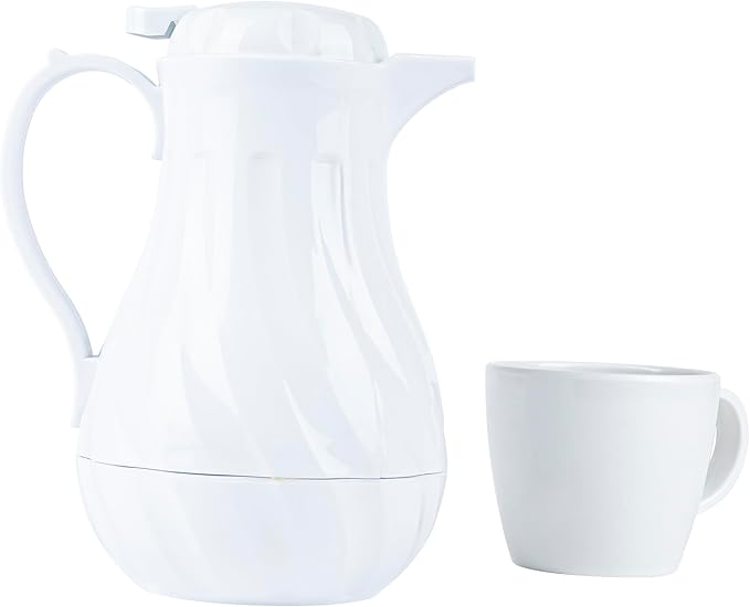 Restaurantware-Restpresso 20 Ounce Coffee Carafe, 1 Insulated Coffee Server - Push-Button Top, Swirl Design, White Plastic Pitcher, Built-In Handle, With Identification Tags
