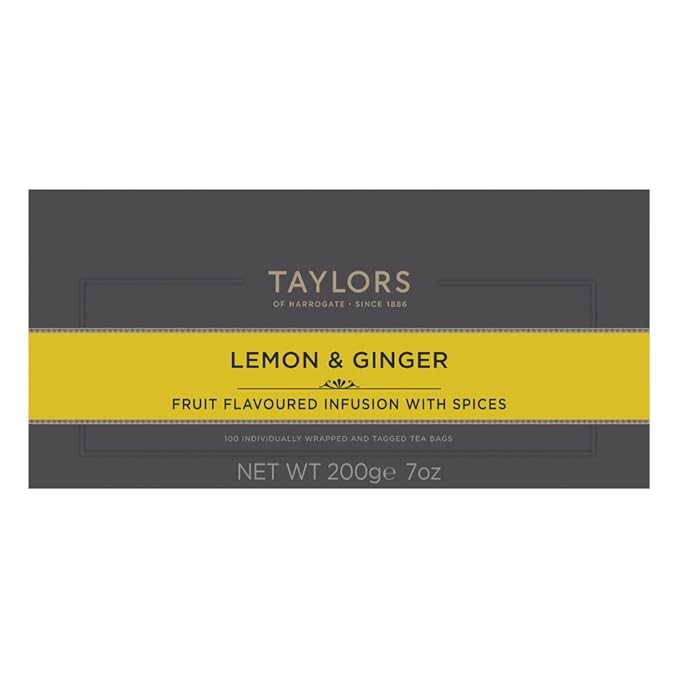 Taylors of Harrogate Lemon & Ginger, Herbal Tea, Individually Wrapped Bags, 100 Count (Pack of 1), Cleansing, Invigorating and Citrussy, Caffeine-Free, Enjoy Hot or Iced, 100 Teabags