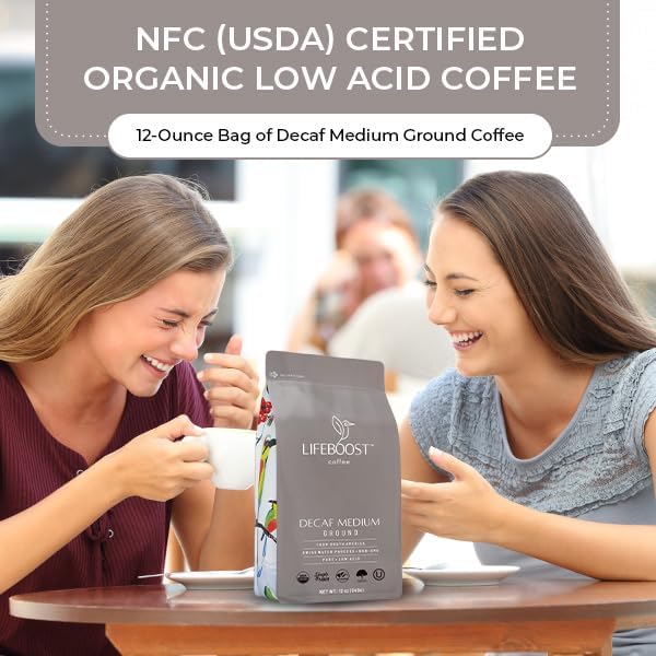 Lifeboost Medium Roast Swiss Water Decaf Coffee Ground - Non-GMO Low Acid Single Origin USDA Decaf Organic Coffee - Third Party Tested For Mycotoxins & Pesticides - 12 Ounces