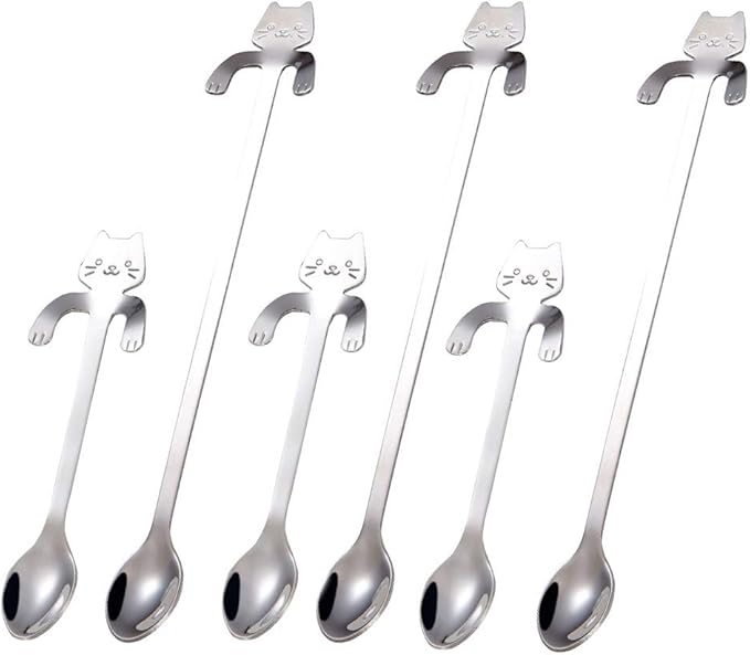 6 PCS Cat Spoon Coffee Tea spoon Set, ESRISE Stainless Steel Mini Long Cute Kitten Stirring Teaspoons for Dessert Drink Mixing Milkshake (Silver)