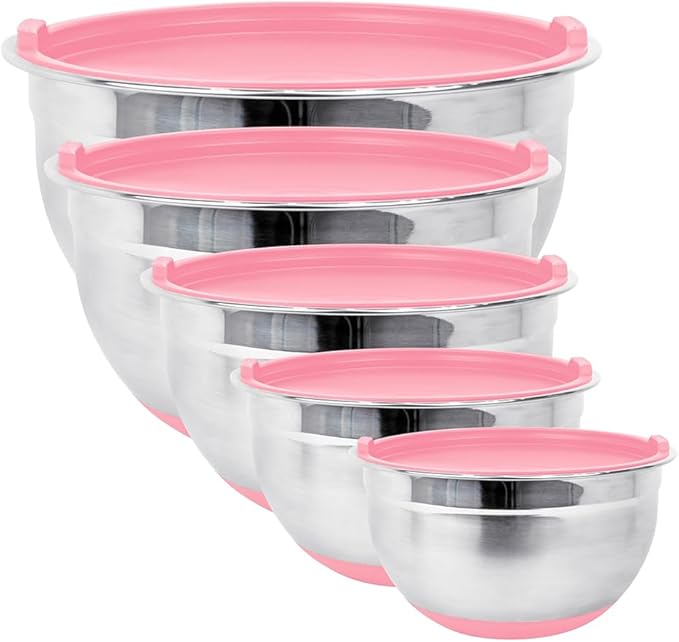 Stainless Steel Mixing Bowls with Lids and Non Slip Bases (Set of 5, Pink)