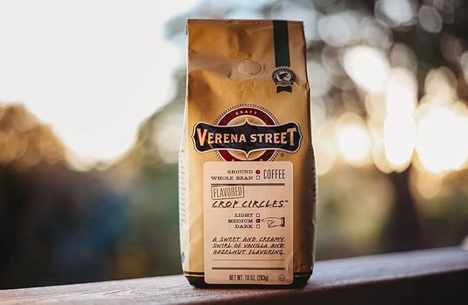 Verena Street 10 Ounce Flavored Ground Coffee, Crop Circles Vanilla Hazelnut, Medium Roast, Rainforest Alliance Certified Arabica Coffee